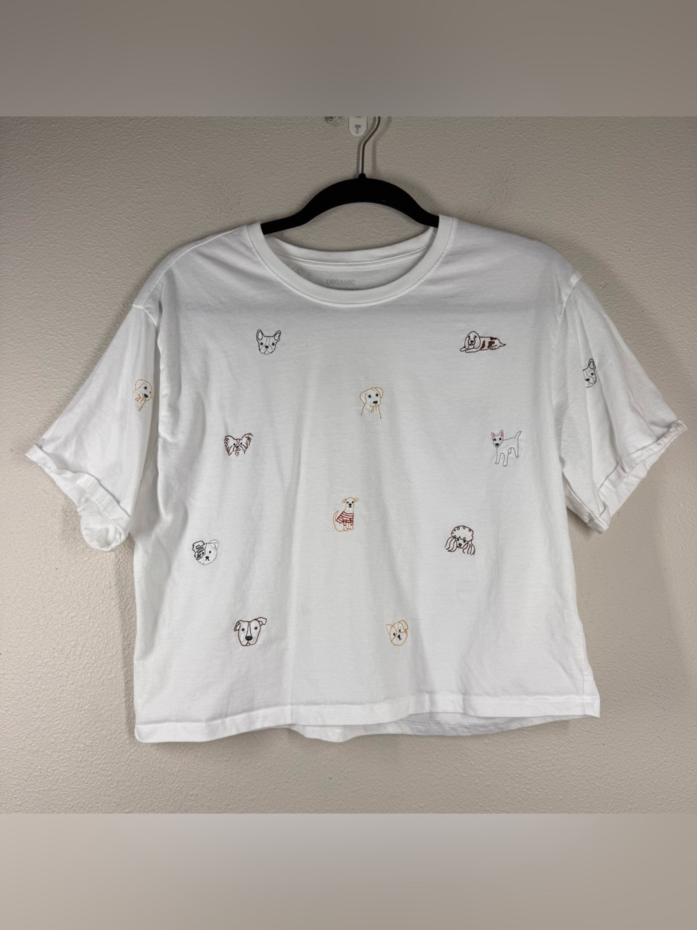Organic Collective Embroidered Puppy Dog Graphic T Shirt White Brown Crop Large